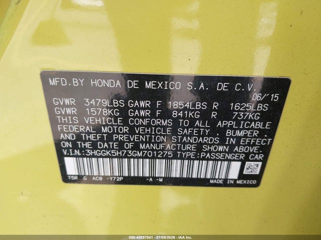 3HGGK5H73GM701275 Honda FIT EX