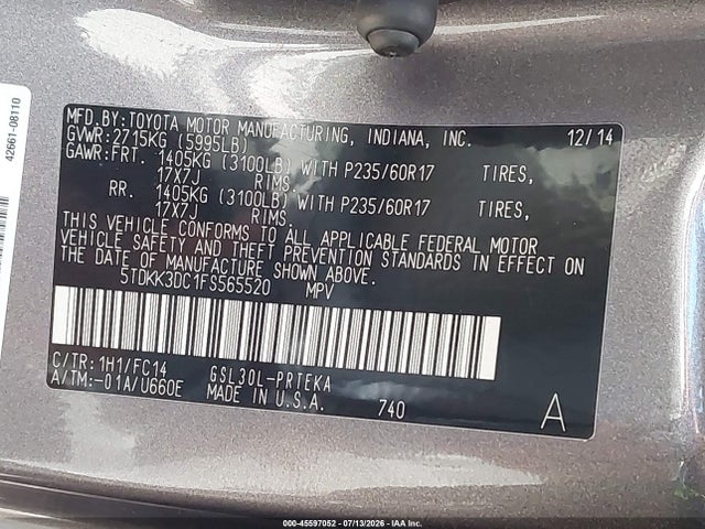 45597052 :رقم المزاد ، 5TDKK3DC1FS565520 vin ، 2015 Toyota Sienna Le 7 Passenger/le 8 Passenger مزاد بيع