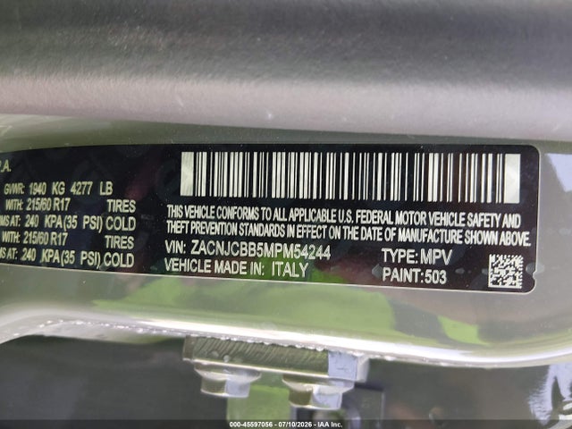 2021 Jeep Renegade Latitude Fwd მანქანა იყიდება აუქციონზე, vin: ZACNJCBB5MPM54244, აუქციონის ნომერი: 45597056
