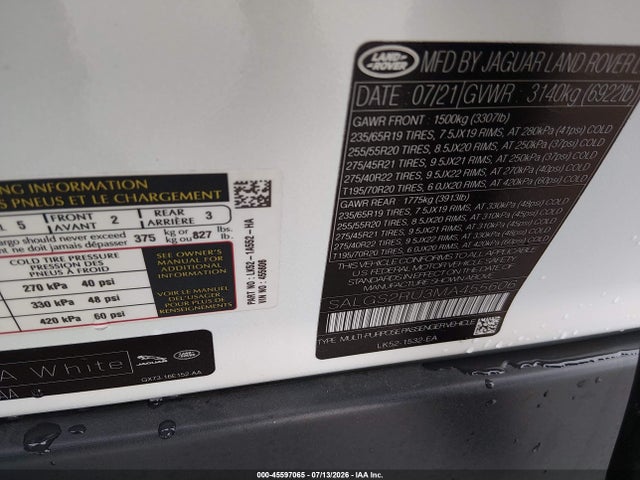 Продажа на аукционе авто 2021 Land Rover Range Rover Westminster, vin: SALGS2RU3MA455606, номер лота: 45597065