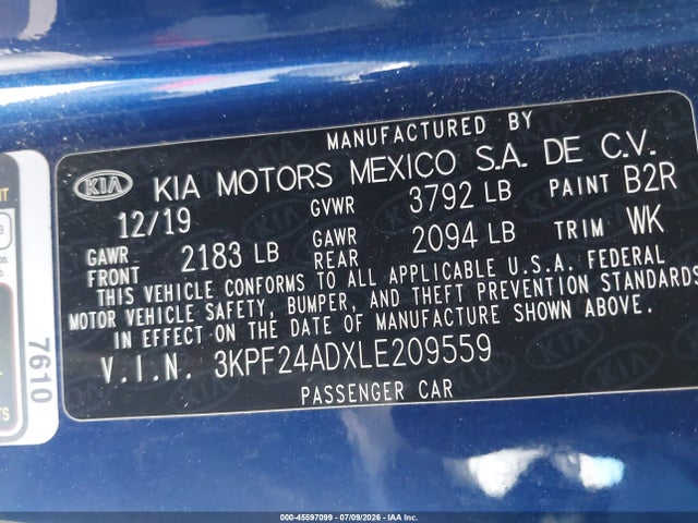 Aukcja sprzedaży 2020 Kia Forte Lxs, vin: 3KPF24ADXLE209559, numer aukcji: 45597099