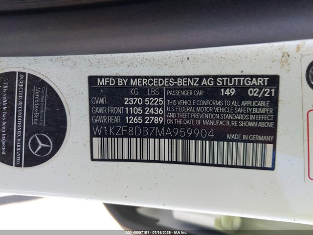 Продажа на аукционе авто 2021 Mercedes-benz E 350, vin: W1KZF8DB7MA959904, номер лота: 45597101