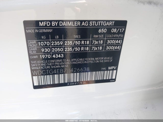 WDCTG4EB7JJ426638 Mercedes-Benz GLA 250