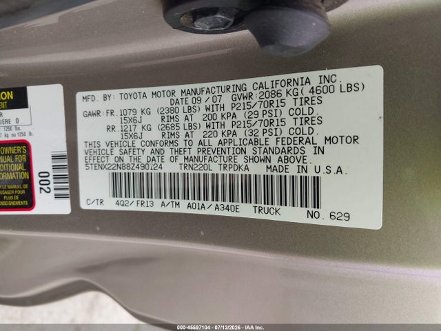 Продажа на аукционе авто 2008 Toyota Tacoma, vin: 5TENX22N88Z490124, номер лота: 45597104