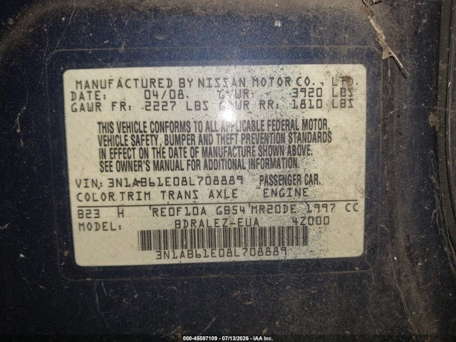 Продажа на аукционе авто 2008 Nissan Sentra 2.0 S, vin: 3N1AB61E08L708889, номер лота: 45597109
