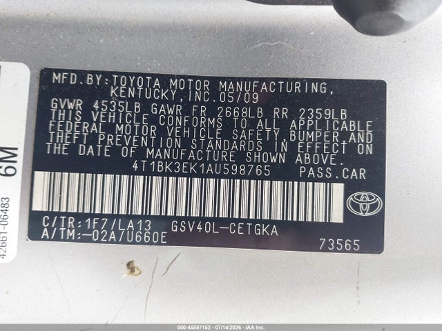 45597152 :رقم المزاد ، 4T1BK3EK1AU598765 vin ، 2010 Toyota Camry Xle V6 مزاد بيع