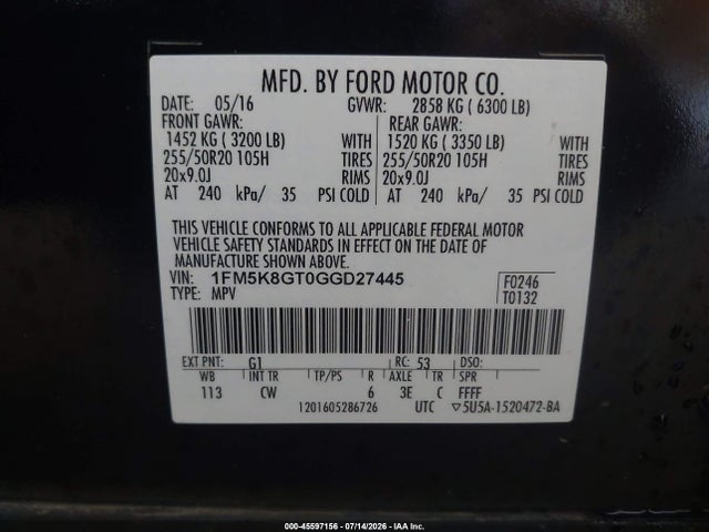 Aukcja sprzedaży 2016 Ford Explorer Sport, vin: 1FM5K8GT0GGD27445, numer aukcji: 45597156