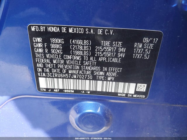 Продаж на аукціоні авто 2018 Honda Hr-v Ex, vin: 3CZRU6H57JM702730, номер лоту: 45597173