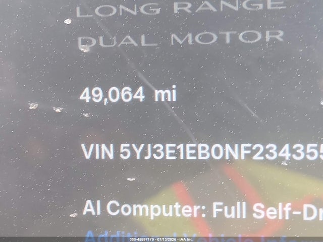 45597179 :رقم المزاد ، 5YJ3E1EB0NF234355 vin ، 2022 Tesla Model 3 Long Range Dual Motor All-wheel Drive مزاد بيع
