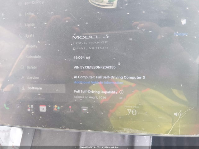 45597179 :رقم المزاد ، 5YJ3E1EB0NF234355 vin ، 2022 Tesla Model 3 Long Range Dual Motor All-wheel Drive مزاد بيع