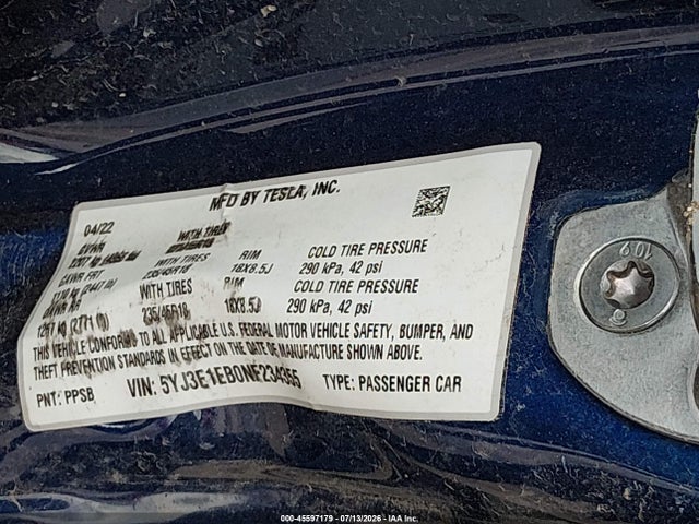 45597179 :رقم المزاد ، 5YJ3E1EB0NF234355 vin ، 2022 Tesla Model 3 Long Range Dual Motor All-wheel Drive مزاد بيع