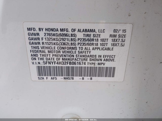 Продаж на аукціоні авто 2015 Honda Pilot Se, vin: 5FNYF4H32FB061674, номер лоту: 45597181
