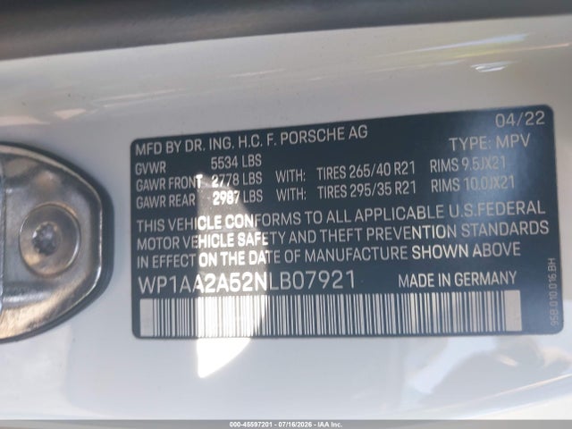 2022 Porsche Macan მანქანა იყიდება აუქციონზე, vin: WP1AA2A52NLB07921, აუქციონის ნომერი: 45597201