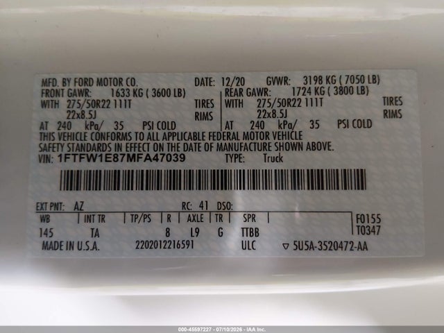 Продаж на аукціоні авто 2021 Ford F-150 Limited, vin: 1FTFW1E87MFA47039, номер лоту: 45597227