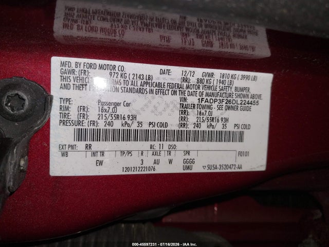 45597231 :رقم المزاد ، 1FADP3F26DL224455 vin ، 2013 Ford Focus Se مزاد بيع