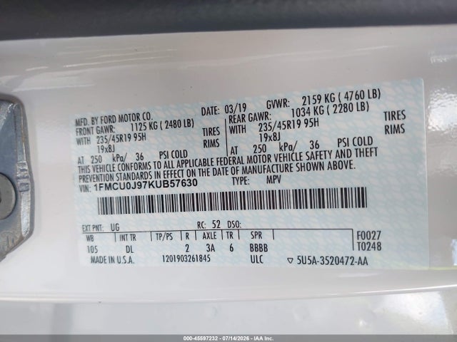 Продажа на аукционе авто 2019 Ford Escape Titanium, vin: 1FMCU0J97KUB57630, номер лота: 45597232