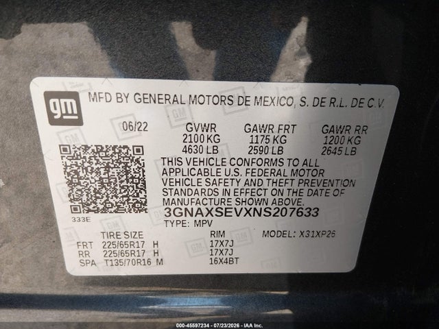 45597234 :رقم المزاد ، 3GNAXSEVXNS207633 vin ، 2022 Chevrolet Equinox Awd Ls مزاد بيع