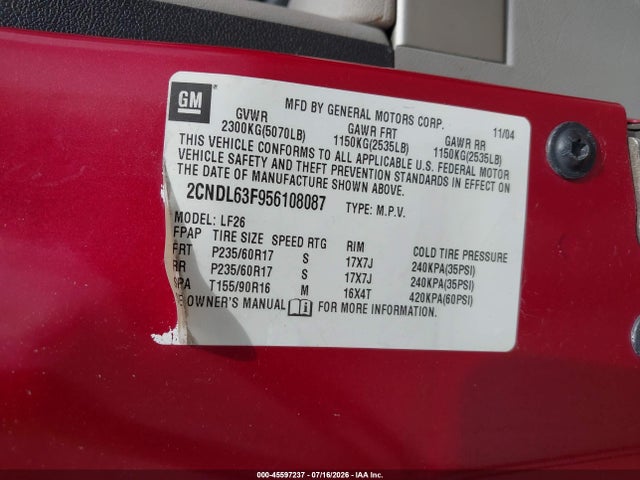 45597237 :رقم المزاد ، 2CNDL63F956108087 vin ، 2005 Chevrolet Equinox Lt مزاد بيع
