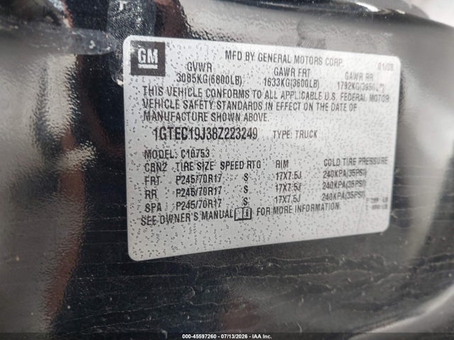 Aukcja sprzedaży 2008 Gmc Sierra 1500 Slt, vin: 1GTEC19J38Z223249, numer aukcji: 45597260
