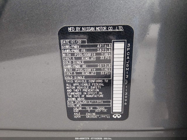 Aukcja sprzedaży 2020 Infiniti Qx50 Luxe, vin: 3PCAJ5M13LF113996, numer aukcji: 45597279
