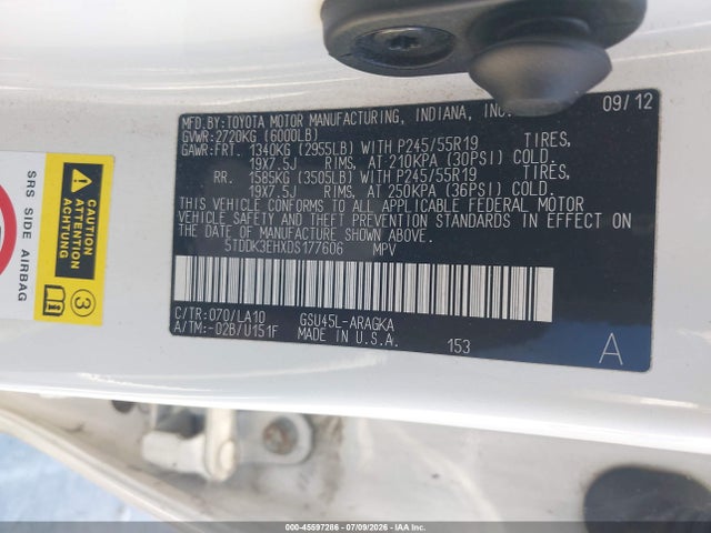 Aukcja sprzedaży 2013 Toyota Highlander Limited V6, vin: 5TDDK3EHXDS177606, numer aukcji: 45597286