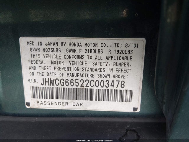 2002 Honda Accord 2.3 Lx მანქანა იყიდება აუქციონზე, vin: JHMCG66522C003478, აუქციონის ნომერი: 45597293