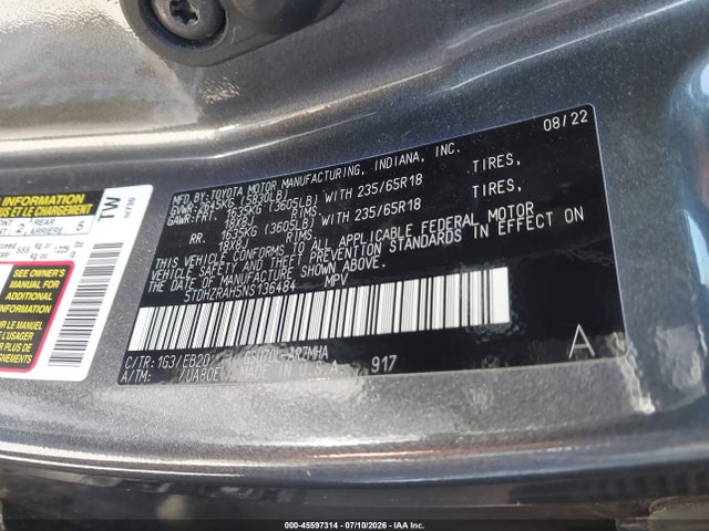 5TDHZRAH5NS136484 Toyota Highlander Xle