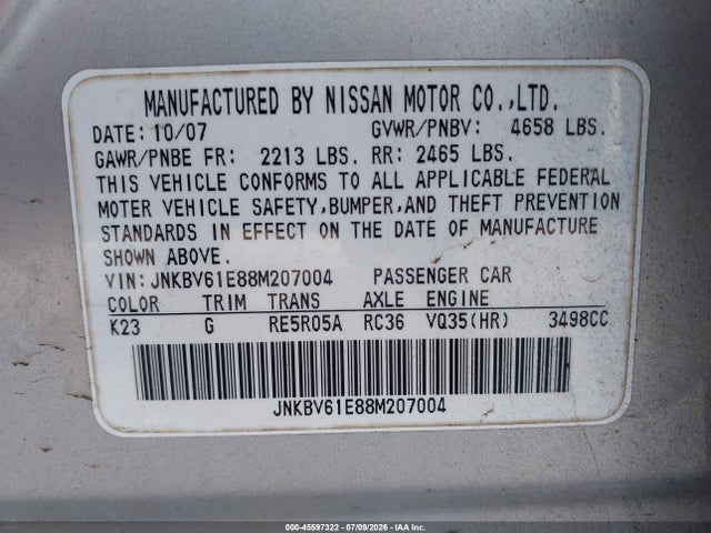 Продажа на аукционе авто 2008 Infiniti G35 Journey, vin: JNKBV61E88M207004, номер лота: 45597322