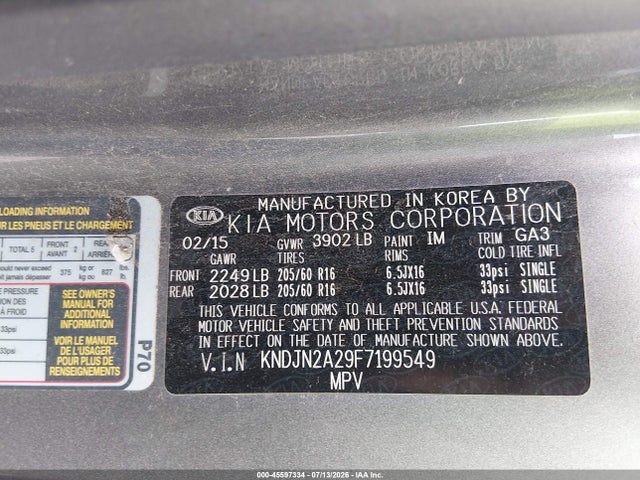 45597334 :رقم المزاد ، KNDJN2A29F7199549 vin ، 2015 Kia Soul مزاد بيع