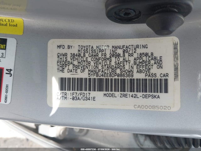 Aukcja sprzedaży 2013 Toyota Corolla S, vin: 5YFBU4EE8DP086369, numer aukcji: 45597336