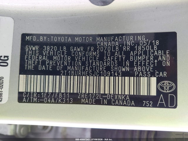 45597343 :رقم المزاد ، 2T1BURHE5JC109143 vin ، 2018 Toyota Corolla Le مزاد بيع