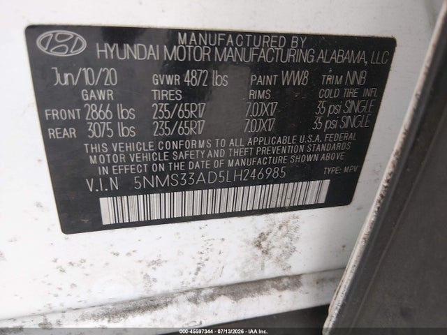 2020 Hyundai Santa Fe Sel მანქანა იყიდება აუქციონზე, vin: 5NMS33AD5LH246985, აუქციონის ნომერი: 45597344