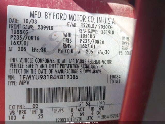 Продажа на аукционе авто 2004 Ford Escape Xlt, vin: 1FMYU93184KB19386, номер лота: 45597346
