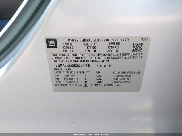 45597358 :رقم المزاد ، 2GKALSEK6C6228988 vin ، 2012 Gmc Terrain Sle-2 مزاد بيع