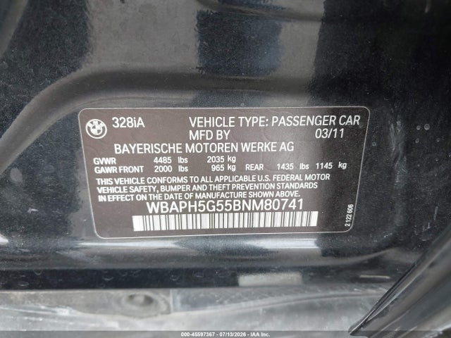 2011 Bmw 328i მანქანა იყიდება აუქციონზე, vin: WBAPH5G55BNM80741, აუქციონის ნომერი: 45597367
