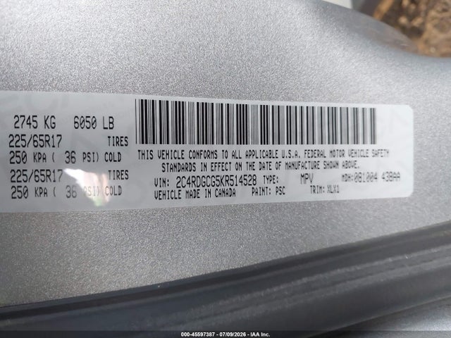Продажа на аукционе авто 2019 Dodge Grand Caravan Sxt, vin: 2C4RDGCG5KR514528, номер лота: 45597387