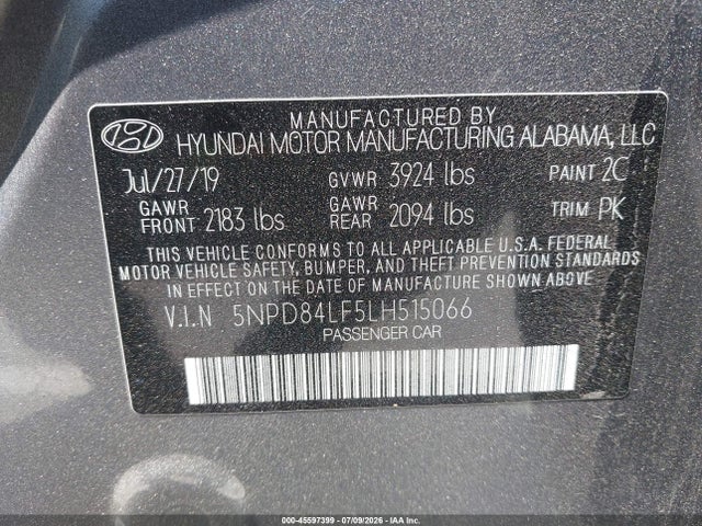 Продаж на аукціоні авто 2020 Hyundai Elantra Sel, vin: 5NPD84LF5LH515066, номер лоту: 45597399