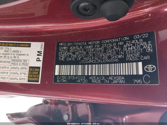 Продаж на аукціоні авто 2022 Toyota Corolla Se, vin: JTDS4MCE2NJ096596, номер лоту: 45597413