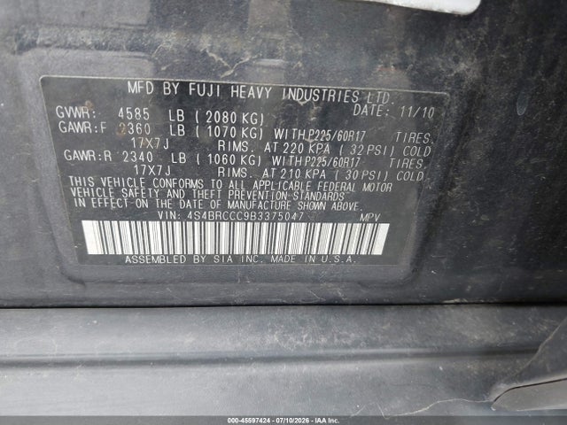 Продажа на аукционе авто 2011 Subaru Outback 2.5i Premium, vin: 4S4BRCCC9B3375047, номер лота: 45597424