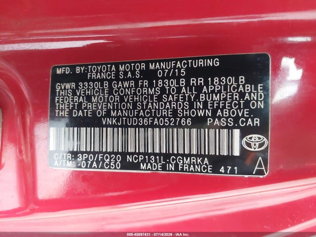 Aukcja sprzedaży 2015 Toyota Yaris L, vin: VNKJTUD36FA052766, numer aukcji: 45597431