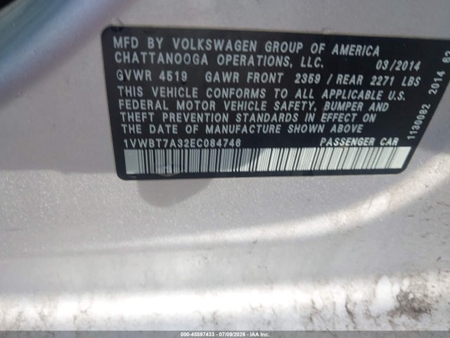 Auction sale of the 2014 Volkswagen Passat 1.8t Se, vin: 1VWBT7A32EC084746, lot number: 45597433