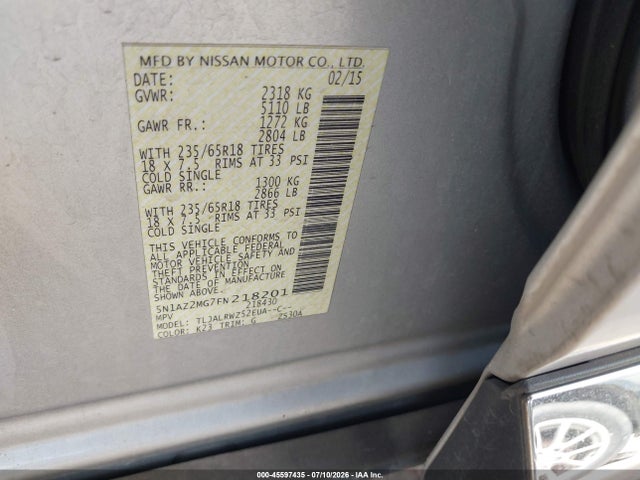 Nissan MURANO SL 2015 5N1AZ2MG7FN218201 Image 9