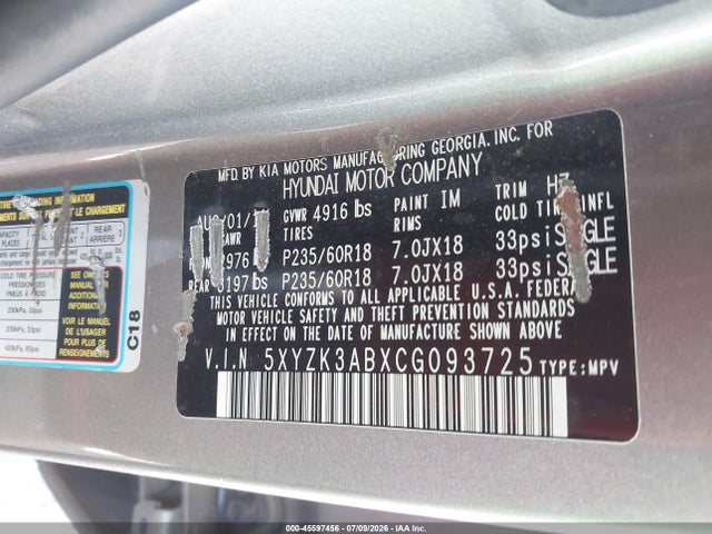 Продаж на аукціоні авто 2012 Hyundai Santa Fe Limited, vin: 5XYZK3ABXCG093725, номер лоту: 45597456