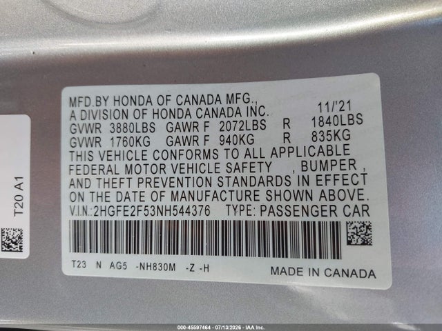 2022 Honda Civic Sport მანქანა იყიდება აუქციონზე, vin: 2HGFE2F53NH544376, აუქციონის ნომერი: 45597464