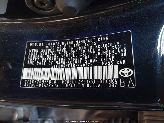 Toyota COROLLA LE 2016 5YFBURHE4GP440675 Image 9