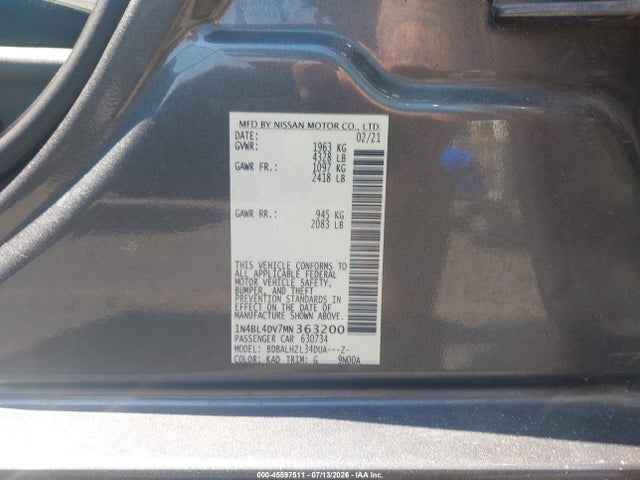 1N4BL4DV7MN363200 Nissan Altima Sv Fwd