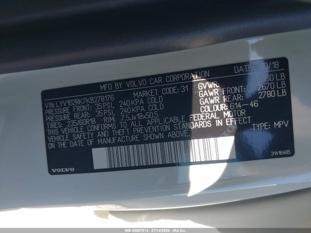 LYV102RK7KB278176 Volvo Xc60 T5 Momentum