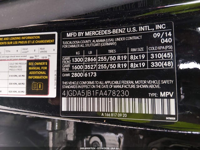 Mercedes-Benz ML 350 2015 4JGDA5JB1FA478230 Image 9