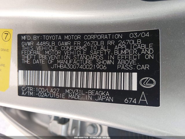 2004 Lexus Es 330 მანქანა იყიდება აუქციონზე, vin: JTHBA30G740021906, აუქციონის ნომერი: 45597526