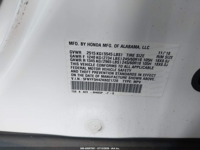 Honda Pilot Ex-l 2019 5FNYF5H42KB021720 Image 9